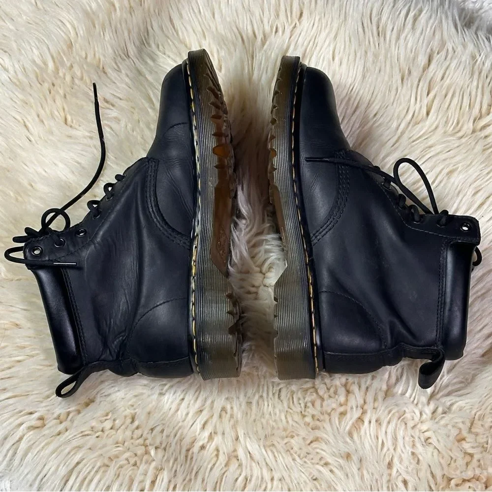 Dr. Martens Black Leather Lace-Up Ankle Boots with Yellow Stitching